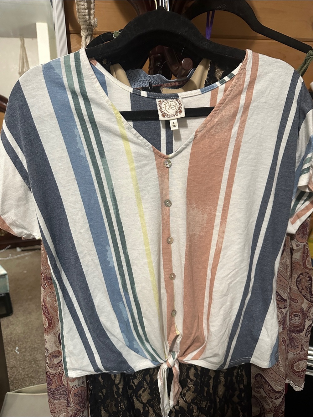 Truself Multi-Striped Short-Sleeve Button Front Tie Shirt